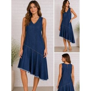 Cloth & Stone Denim Dress XS Blue Chambray Raw Hem Asymmetrical Coastal Cowgirl